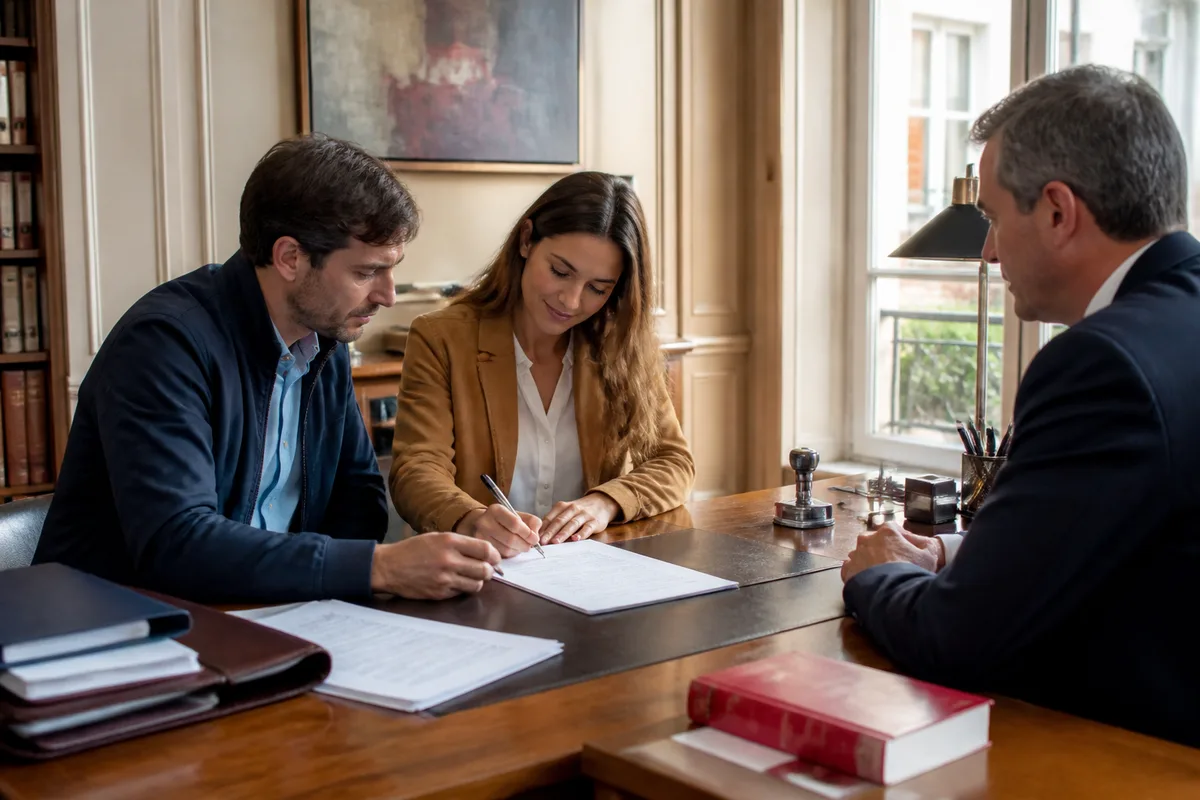 Couple examinant un acte d’achat immobilier avec un notaire avant un investissement immobilier en couple