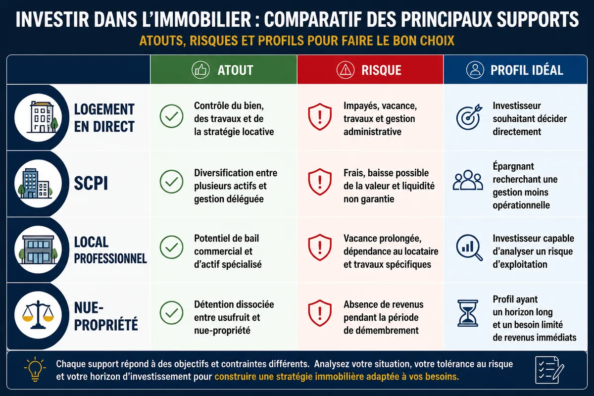 Comparatif des supports d’investissement immobilier entre logement direct, SCPI, local professionnel et nue-propriété