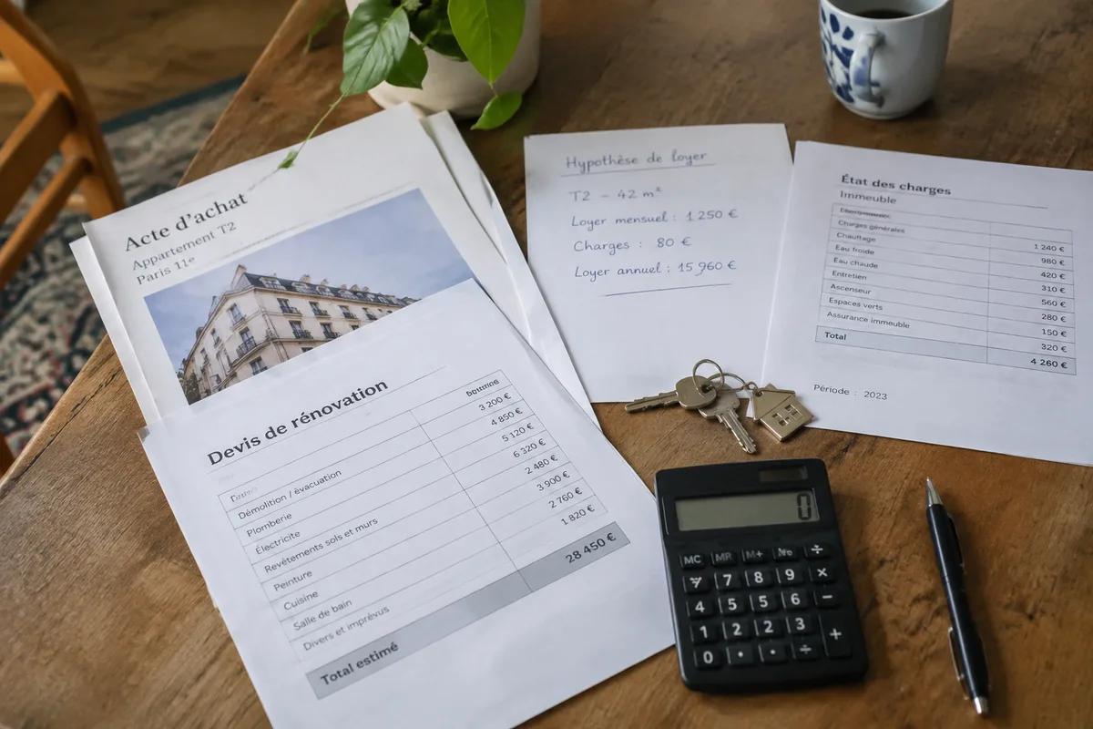 Dossier d’investissement locatif avec calculatrice, clés et tableau de charges