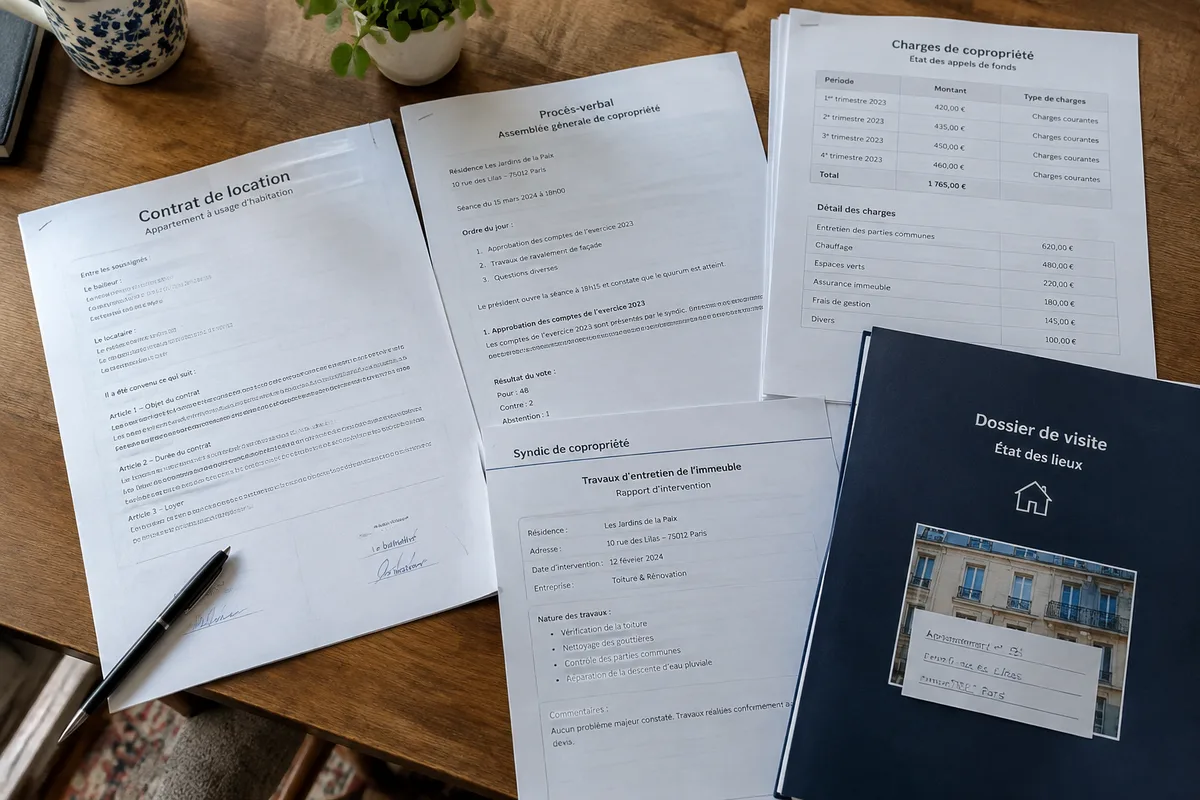 Dossier de copropriété et bail réunis sur une table avant un achat locatif
